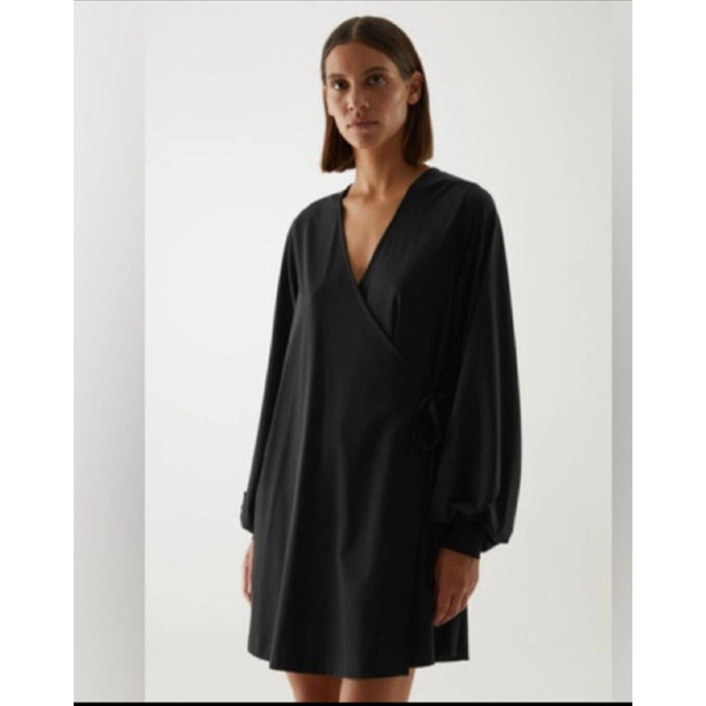 COS Oversized Blouson Sleeve Wrap Dress Womens Size Large Black Classic Preppy